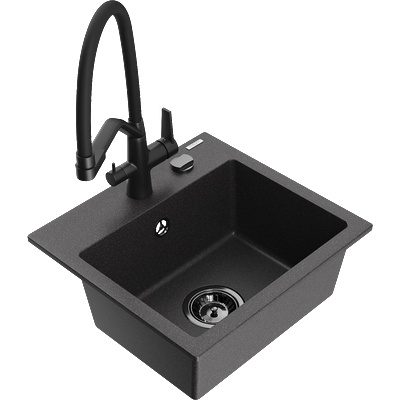 Mexen Milo мивка от гранит с една камера и кухненски смесител Duo, черно напукано - 6505-76-671701-70-B (6505-76-671701-70-B)