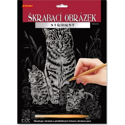 Artlover Škrabací obrázek stříbrný Kočka s koťaty