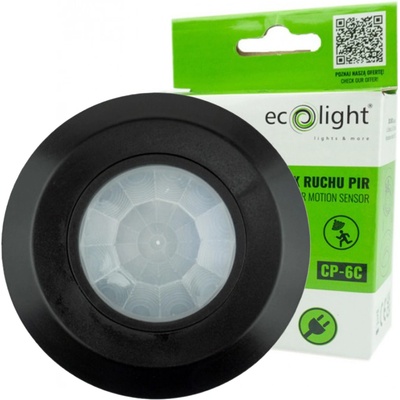 ECOLIGHT Infračervený PIR snímač pohybu, čierny, okrúhly, stropný, nastaviteľný 360°
