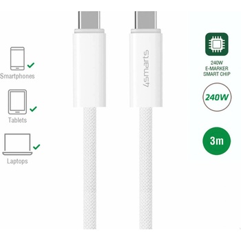 4smarts PremiumCord USB-C to USB-C Cable 240W - кабел с бързо зареждане за устройства с USB-C порт (300 см) (бял)