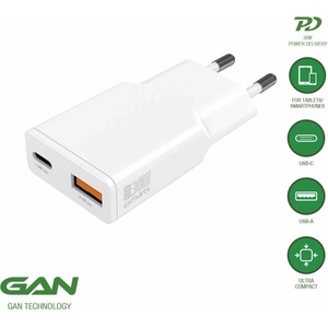 4smarts Захранване за ел. мрежа с USB-A и USB-C изходи и технология за бързо зареждане - 4smarts GaN Duos Slim Wall Charger 30W PD (бял) (541125)
