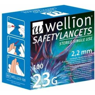 Wellion SAFETYLANCETS 23G bezpečnostná lanceta 2,2 mm sterilná, jednorazová 100ks