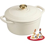 Overmont roasting pan enamel cast iron pot - casserole dish 26cm oven-safe - with lid and cookbook - for kitchen baking stewing roasting white - Dutch - OM-ECI-01W (OM-ECI-01W)