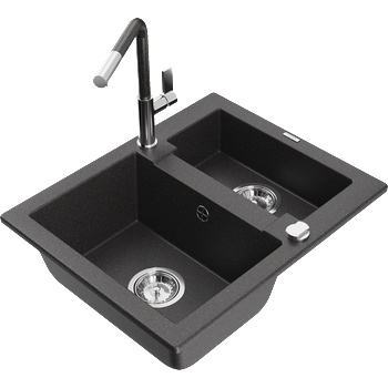 Mexen Carlos гранитна мивка с 1, 5 отделения и смесител Flora, черен на пръски - 6518-76-670401-08 (6518-76-670401-08)