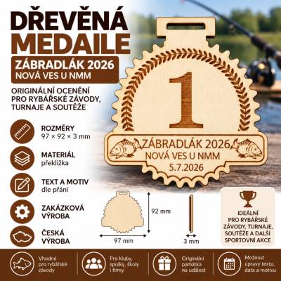 ADVIPO dekorace Dřevěná medaile pro rybářské závody 97 x 92 mm na zakázku