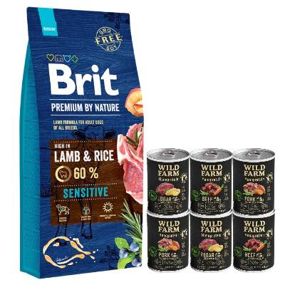 BRIT Premium By Nature Sensitive Lamb 15kg & WILD FARM Monoproteínová zmes príchutí 6x400g hypoalergénne krmivo pre psov