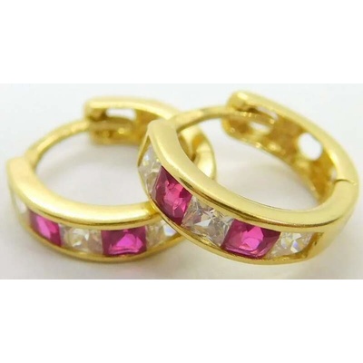 Klenoty Budín dětské zlaté náušnice kroužky ze žlutého zlata se zirkony a rubíny H343