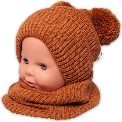 Baby Nellys Zimná pletená čiapka + nákrčník hnedá s brmbolcami