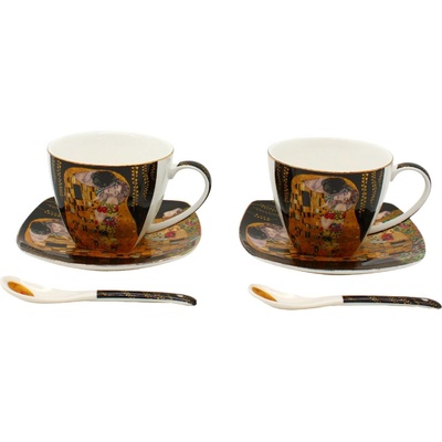 Home Elements Šálky s podšálky a lžičkami Klimt Polibek tmavý 2 x 250 ml