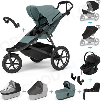 Thule Urban Glide 3 Set 10v1 Mid blue 2024 + madlo + korba Mid blue + pláštěnky a moskytiéry Thule + Autosedačka Thule Maple Black s ISOFIX základnou Thule Alfi a adaptéry