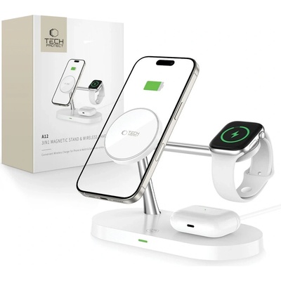 Зарядна станция от Tech-Protect A12 3in1 MagSafe Inductive Charger for Smartphone/Headphones/Smartwatch - White (6216990211850)