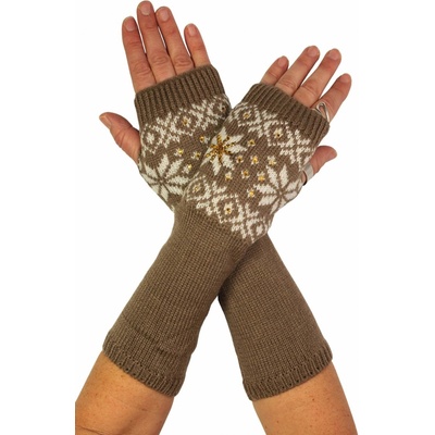 Snow flake pletené návleky na ruce s kamínky hnědá