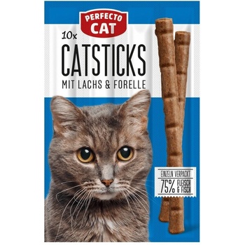 PERFECTO Cat Sticks - 10 броя саламени пръчици за котки със сьомга и пъстърва, 50гр. сьомга и
