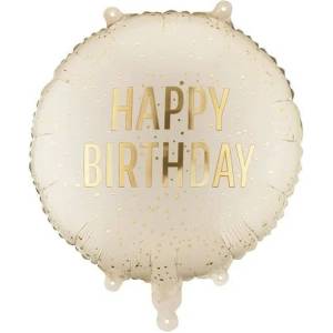 Party Deco Кръгъл фолиен балон Happy Birthday с ефект златни конфети - Крем (FB353-079)