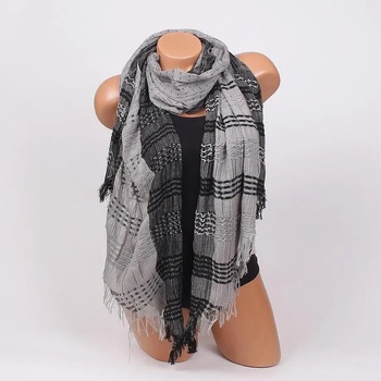 Image 1 of Дамски шал с раиран десен в черно и сиво с ресни