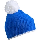 Myrtle Beach MB7964 pletená čepice s kontrastním pruhem a bambulí Modrá bílá