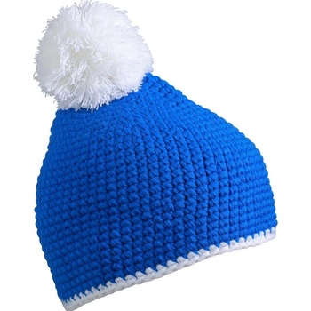 Myrtle Beach MB7964 pletená čepice s kontrastním pruhem a bambulí Modrá bílá