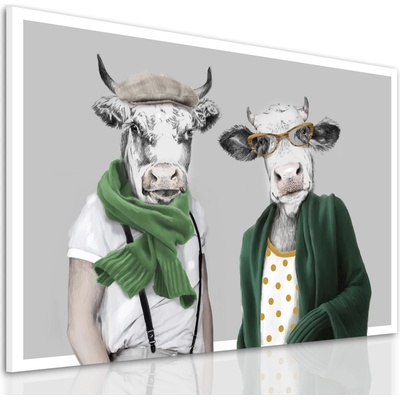 Moderný obraz na plátne – Štýlový pár kráv v hipsterskom outfite Veľkosť: 80x60 cm