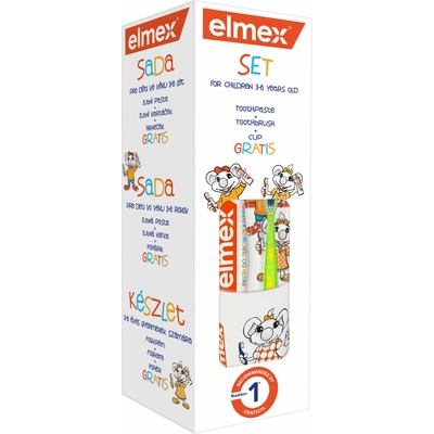 Elmex Junior Balíček s pohárikom 50 ml detská zubná pasta + 1 zubná kefka + pohárik s motívom myšky