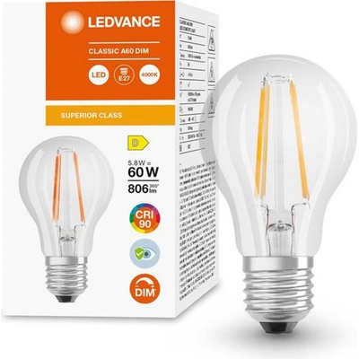 LEDVANCE LED žárovka LED E27 A60 5,8W = 60W 806lm 4000K Neutrální bílá 300° CRI90 Filament Stmívatelná Superior