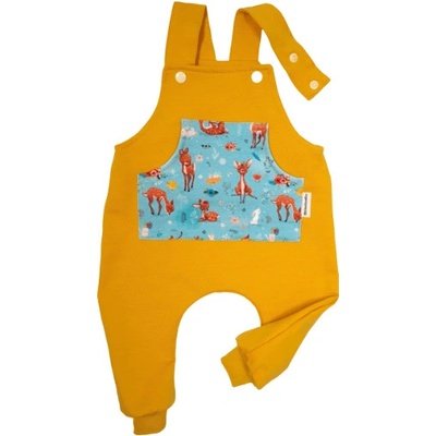 Dětské laclové kalhoty s kapsou srnky na hořčičné