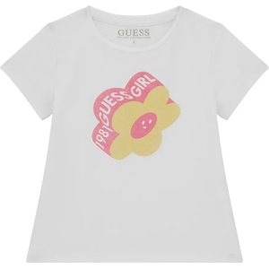 GUESS Бяла тениска с къс ръкав за мини момиче с контрастно цвете и надпис Guess