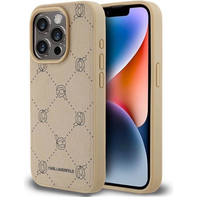 KARL LAGERFELD PU Karl Heads Pattern MagSafe Case - дизайнерски кожен кейс за iPhone 15 Pro (бежов)