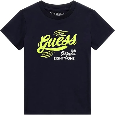 GUESS Тъмно синя тениска за мини момче с електрикав надпис Guess