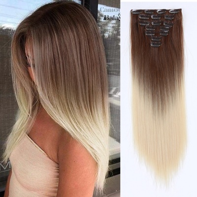 Vlasy clip in 7 pásov - platinová blond ombré vlasové príčesky rovné 40 cm