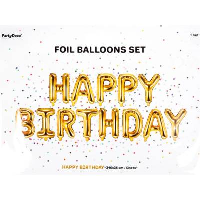 PartyDeco Fóliový balónek 340x35 cm HAPPY BIRTHDAY zlatý