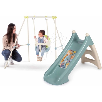 Smoby Set šmykľavka s vlhčením s dĺžkou šmyku 90 cm Zvieratká XS Slide Little a 120 cm hojdačka Baby Swing s kovovou konštrukciou