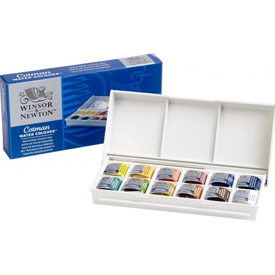 WINSOR & NEWTON COTMAN - SKETCHERS' POCKET BOX - AKVARELOVÉ FARBY - SADA 12 POLPANVIČIEK + ŠTETEC