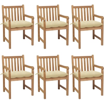 vidaXL Градински столове, 6 бр, с кремавобели възглавници, тик масив (3073048)