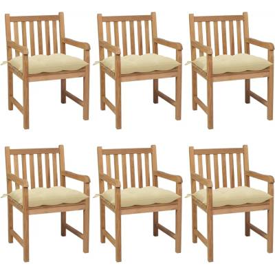 vidaXL Градински столове, 6 бр, с кремавобели възглавници, тик масив (3073048)