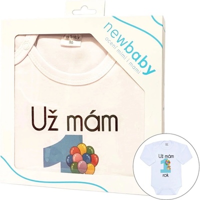 Body s potiskem New Baby Už mám rok modré dárkové balení