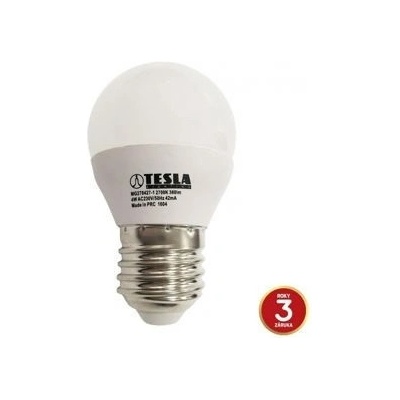Tesla LED MG270427-1, žiarovka mini BULB E27, 4W, 230V, 320lm, 15 000h, 2700K teplá biela, 180 °