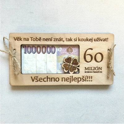 Dekorace z Česka Dárkové balení k narozeninám Milion korun, podkova a čaj Sonnentor Jubileum: 60