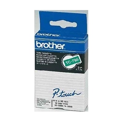 Brother TC-795, 9mm x 7, 7m, бял печат/зелен фон, оригинална лента (795)