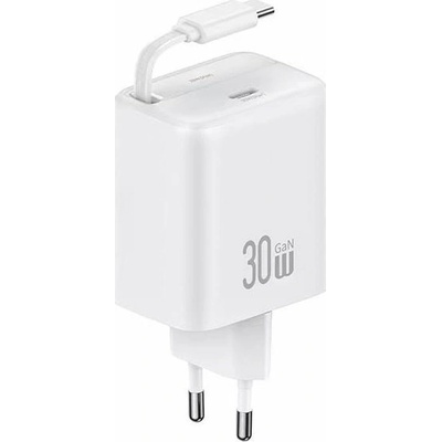 USAMS Мрежово зарядно, 30W, Usams, с прибиращ се кабел, бяло, 80 см ( )