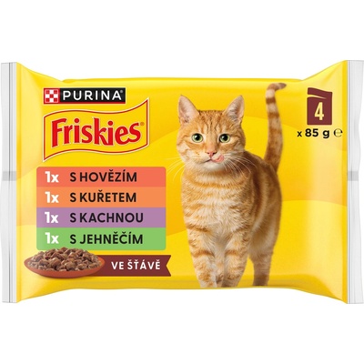 Friskies s kuřetem hovězím jehněčím kachnou ve šťávě 4 x 85 g