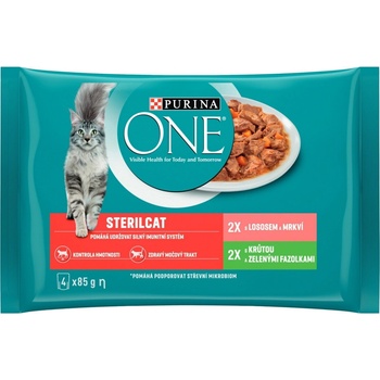 Purina One SterilCat mini filetky s morkou a zelenými fazuľkami s lososom a mrkvou v šťave 48 x 85 g