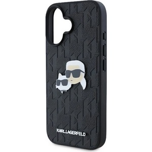 CG Mobile iPhone 16 KARL LAGERFELD MONOGRAM KARL & CHOUPETTE HEAD PIN Силиконов удароустойчив заден капак с кожен ефект за iPhone 16, BLACK KLHCP16SPGKLKCPK (KLHCP16SPGKLKCPK)