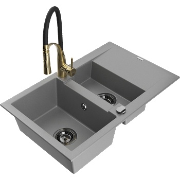 Mexen Gaspar гранитна мивка с 1, 5 камери с отцедник и кухненски смесител Aster, сив - 6507-71-73450-57-B (6507-71-73450-57-B)