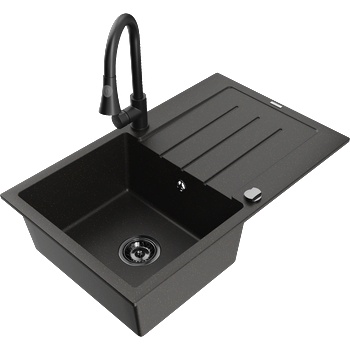 Mexen Bruno еднокамерен гранитен мивка с отцедник и кухненски смесител Elia, черен/златист металик - 6513-75-670101-70-B (6513-75-670101-70-B)