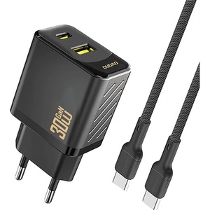 Dudao A27TCEU мрежово зарядно устройство с USB+Type-C изход, 30 W, PD бързо зареждане + кабел Type-C, ЧЕРНО GP-190598 (GP-190598)