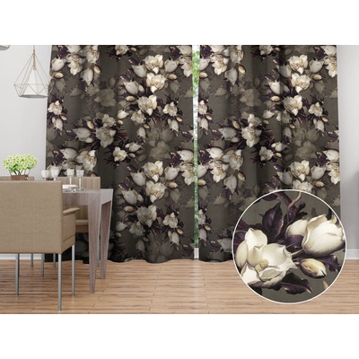 Biante Sametový závěs Tamara TMR-034 Květy gardénie na hnědošedém 135x150 cm