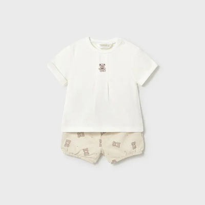 Mayoral Комплект къси панталони в Сиво-бежов цвят и бяла тениска за новородено момче Mayoral