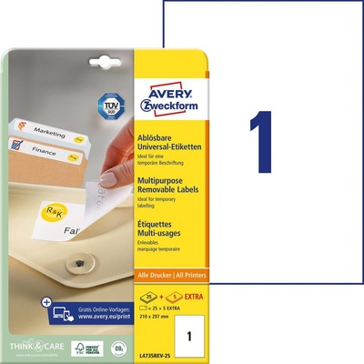 Avery-Zweckform L4735REV-25 univerzální etikety 210 x 297 mm papír bílá 30 ks přemístitelné inkoustová tiskárna laserová tiskárna barevná laserová tiskárna