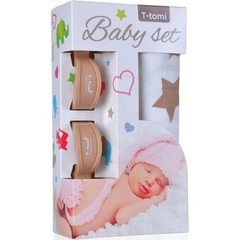 T-tomi Baby set béžové hvězdičky a kočárkový kolíček béžový