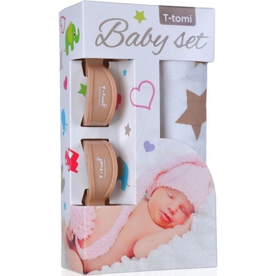 T-tomi Baby set béžové hvězdičky a kočárkový kolíček béžový